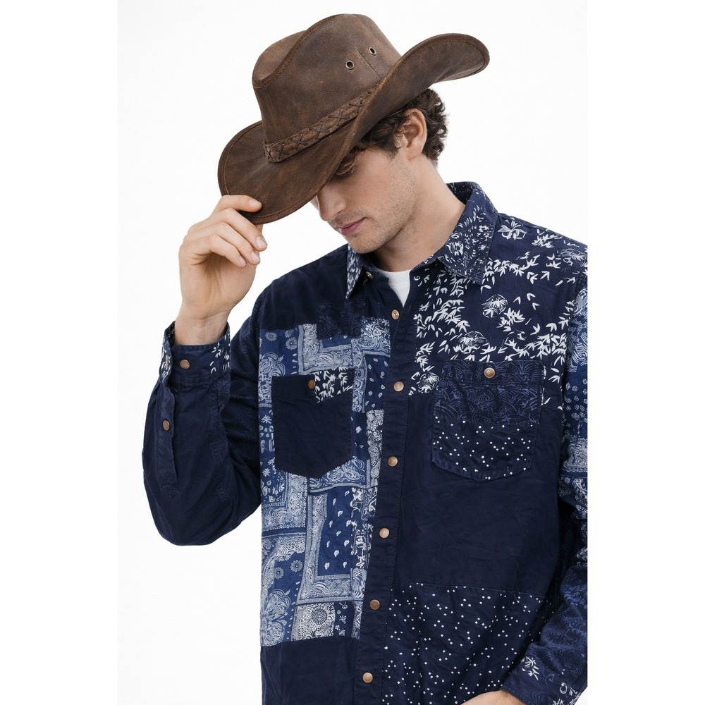 Sun+Stone Men's Snap Button Shirt L Blue Gray Colorblock Long Sleeve Casual